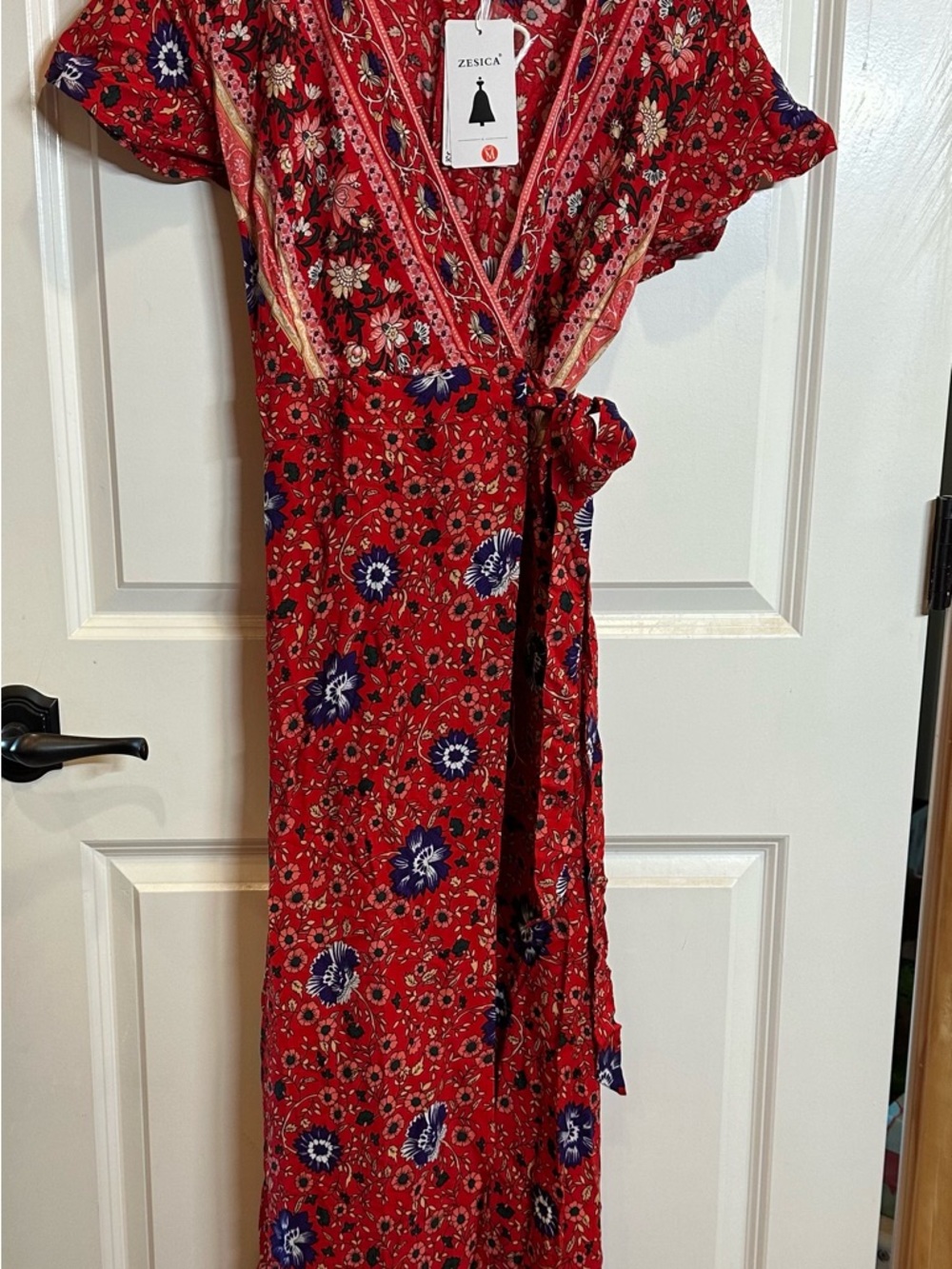 Zesica Red Floral Wrap Maxi Dress with Short Sleeves